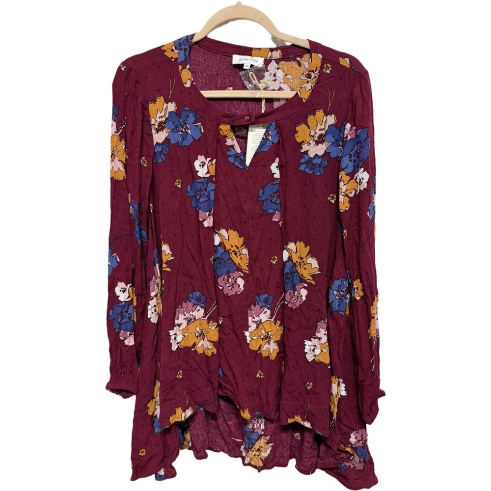 Grace & Lace Floral Tunic Dress XS NWT Burgundy Boho Long Sleeve Swing Top